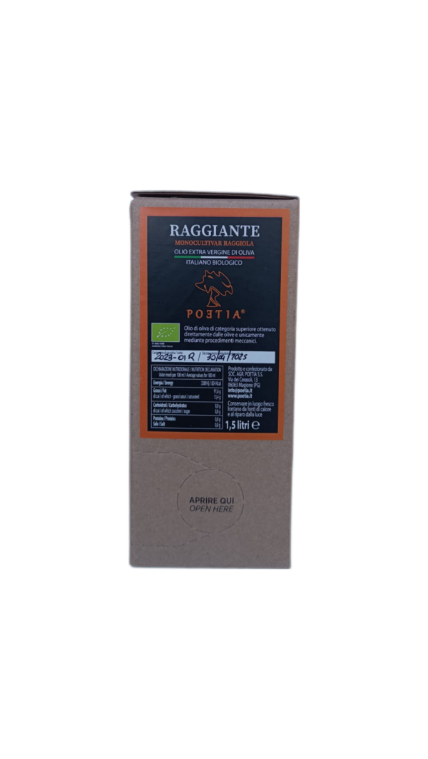 Bag in box olio extravergine di oliva, biologico, estratto a freddo - Raggiante - ml 1500 nuovo raccolto 2024 - immagine 3