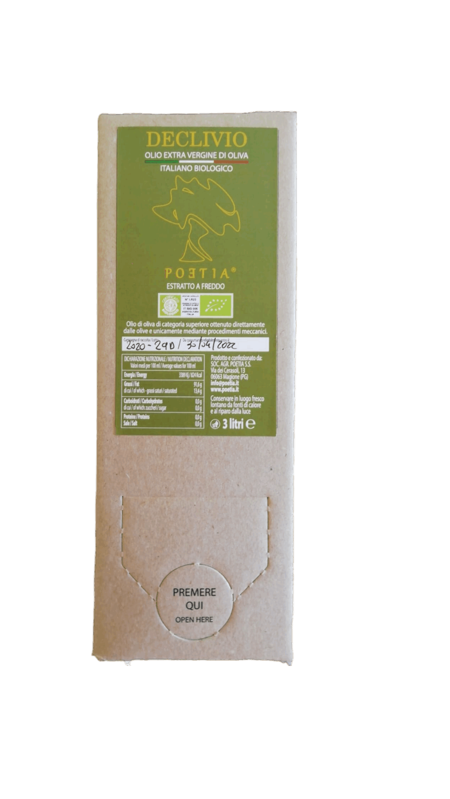 Bag in box lt. 3 Declivio - biologico, estratto a freddo - nuova campagna 2025